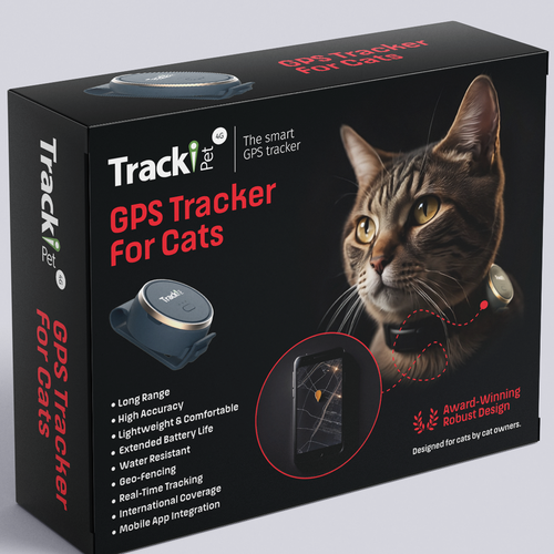 Black cat design with the title 'GPS Tracker for Cats'