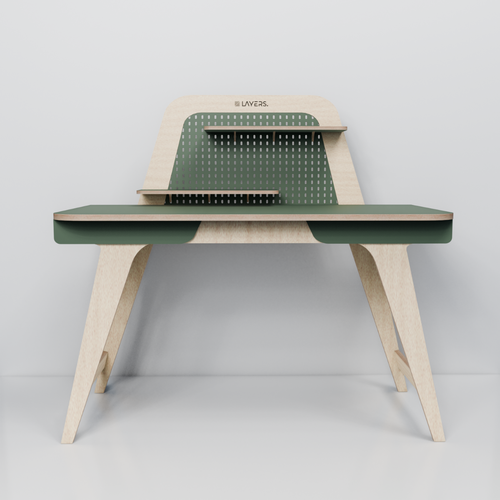 Table design with the title '3D Birch Plywood Desk'