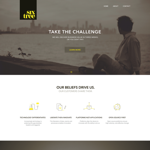 Black website with the title 'Need fresh, single-page-look for tech company Sixtree. Existing style guide. '
