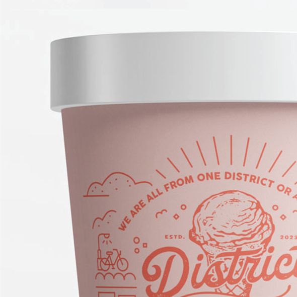 Pastel packaging with the title 'Packaging for District Ice Cream'