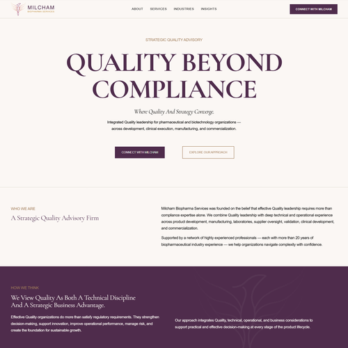 JavaScript design with the title 'Brand Identity & Executive Squarespace Website for a Biopharma Quality Advisory'