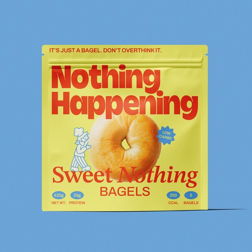 Food design with the title 'Nothing Happening: Standout packaging for high protein bagels 🥯'