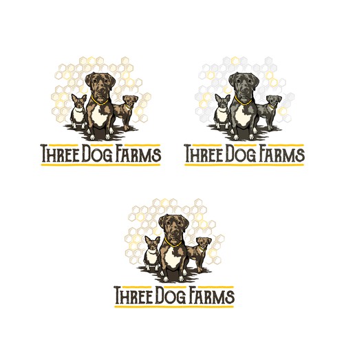 Honeycomb design with the title 'Logo for sustainable 3 Dog Farms and native organic honey from SoCalifornia!'