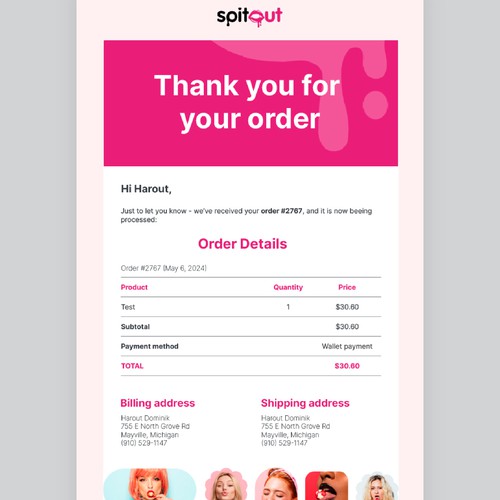 Intimate design with the title 'SpitOut Order Email Template'