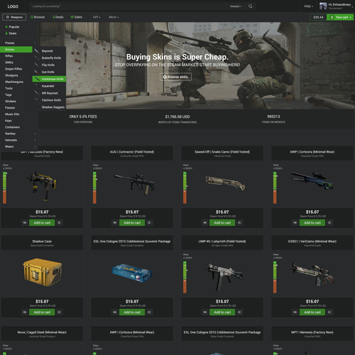 Steam design with the title 'Csgo marketplace website'
