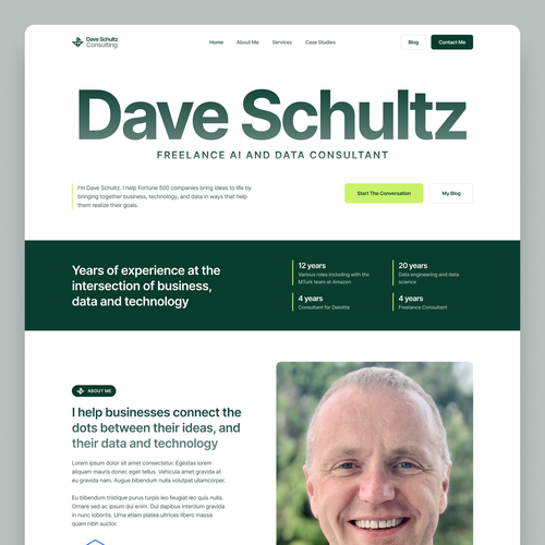 Personal website with the title 'Freelance AI consultant website design for Dave Schultz'