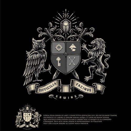 Owl brand with the title 'Difficilia Faciomus Gowins coat of arms logo'