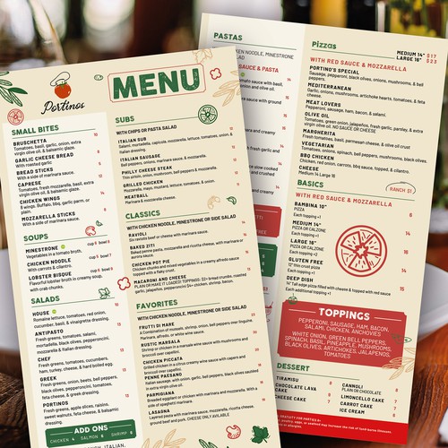 Italian design with the title 'Portinos Restaurant'