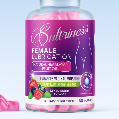 Pink label with the title 'Female Lubrication Supplement Gummy'