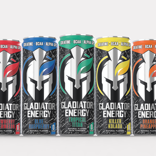 Energy drink packaging with the title 'Gladiator Energy'