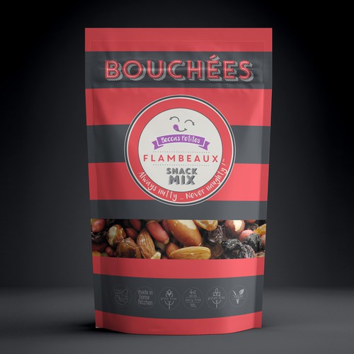 Stand-up pouch packaging with the title 'fun paleo snack mix package design'