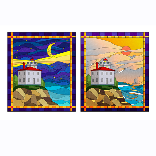 Stained glass design with the title 'Lighthouse Stained Glass Window Designs'