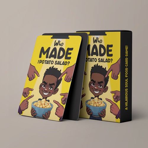 Unique packaging with the title 'Fun & Soulful Box Cover for Our Card Game: ‘Who Made the Potato Salad?’'
