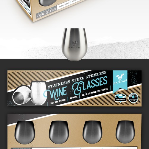 Wine packaging with the title 'Design vintage modern packaging for stainless steel stemless wine glasses'