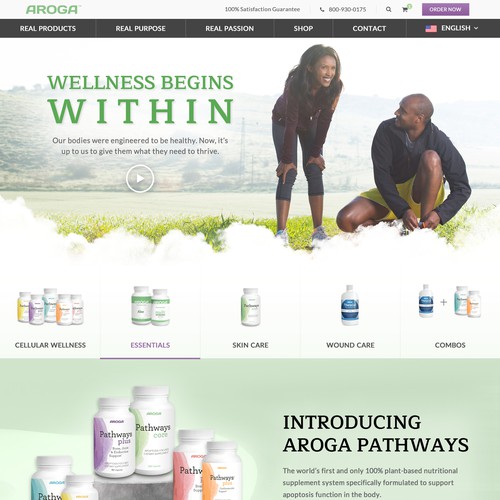 Wellness website with the title 'Redesign award-winning nutritional supplement home page and will hire you to design all pages.'