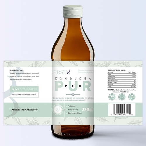 Pure label with the title 'First 8 Kombucha Label.'