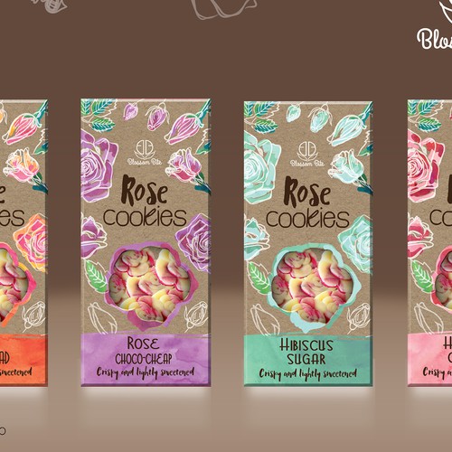 Cardboard design with the title 'Blossom Bite Flower cookies package design'