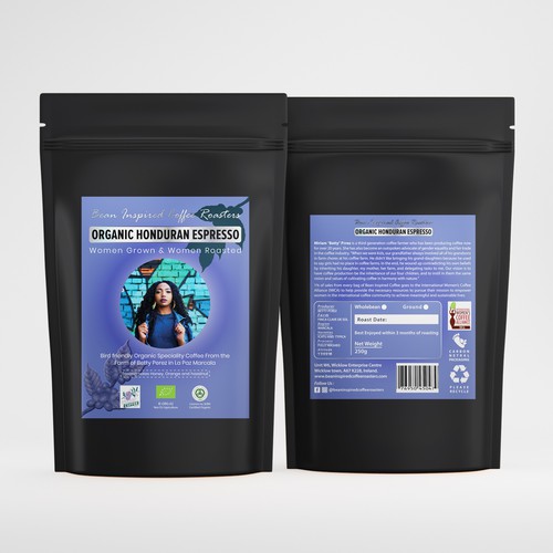 Purple packaging with the title 'pouch label design'