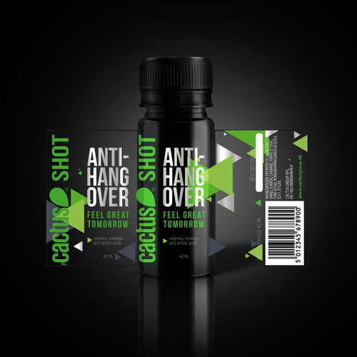 Vitamin packaging with the title 'Antihangover shot CACTUS'