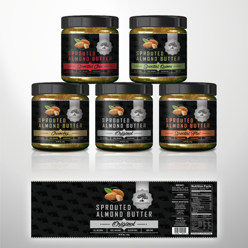 Black packaging with the title 'sprouted almond butter jars labels'