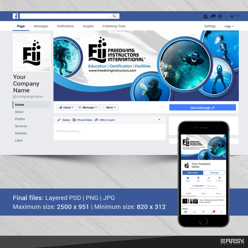 Diving design with the title ' Facebook Cover for "Freediving Instructors International" '