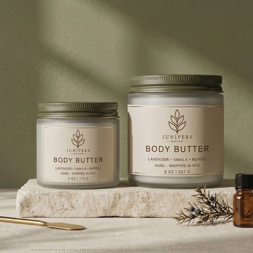 Skincare label with the title 'Junipers Haven — Botanical Body Butter Packaging'