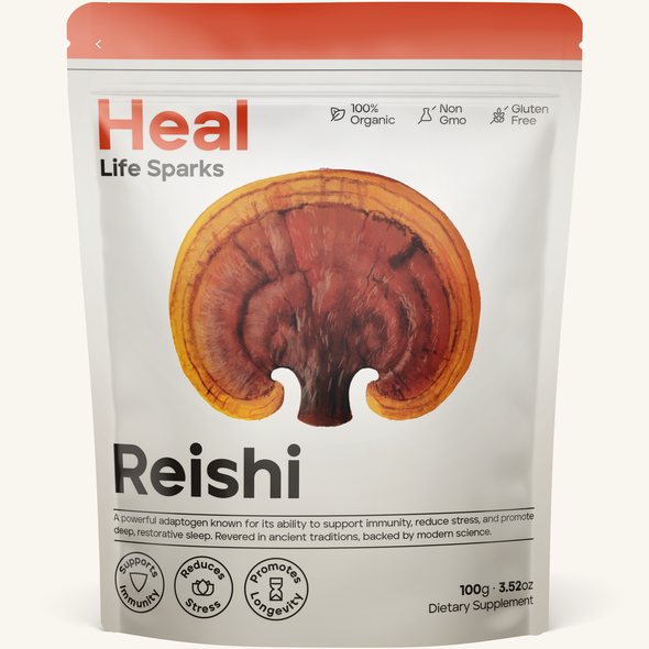 Wellness packaging with the title 'Heal Reishi Packaging Design'