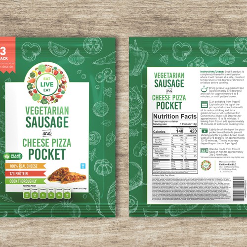 Plant packaging with the title 'Pouch design for Pepperoni and Cheese Pizza Pocket & Vegetarian Sausage and Cheese Pizza Pocket'