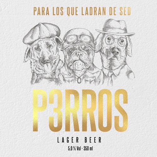 Beer packaging with the title '3 Perros lager beer'
