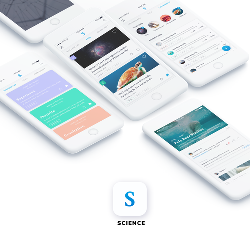 Social networking design with the title 'Modern and minimal design for a Science community app'