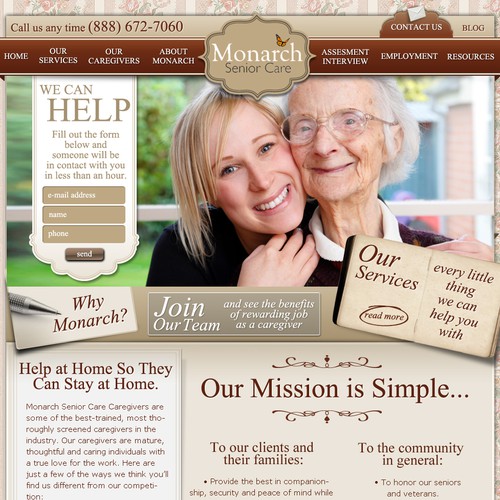 Vintage website with the title 'website design for Monarch Senior Care'