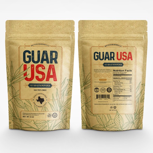 Stand-up pouch design with the title 'Guar USA packaging'