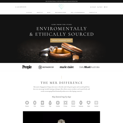 Fashion website with the title 'Environmentally Friendly Premium Lab Grown Diamond Company - Website Re-Design'