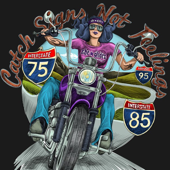 Motorcycle t-shirt with the title 'T-shirt illustration to appeal to women bikers!'