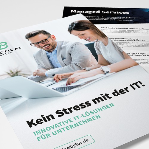 Computer design with the title 'Sleek Flyer Design for Practical Bytes'