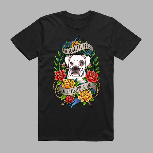 Hand-drawn t-shirt with the title 'Vibrant, Traditional Tattoo Style T-shirt Boxer Dog. '