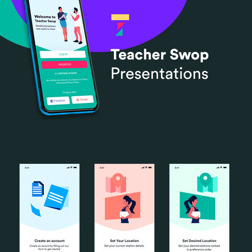 Screen design with the title 'Teacher Swop Mobile app Design Concept'