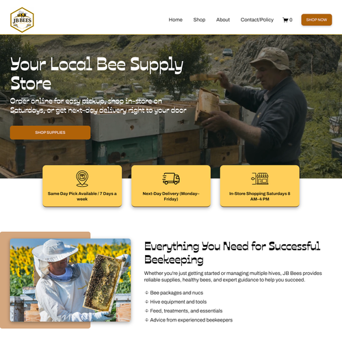 Ecommerce design with the title 'JB Bees Local Bee Supply Design'