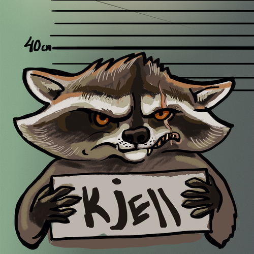 Aggressive design with the title 'Kjell, punky raccoon for a beer brand '