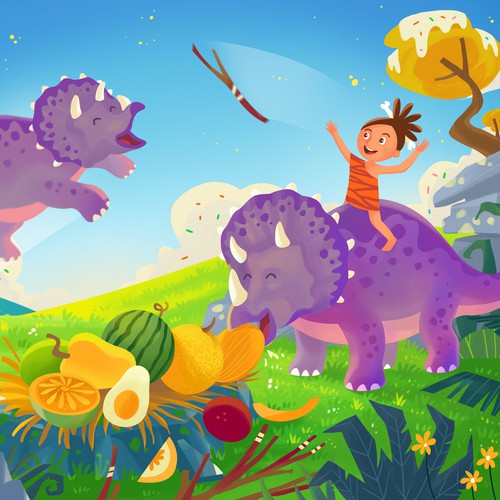 Kids book illustration with the title 'When it Rains Sprinkles - Return of the Dinosaurs '