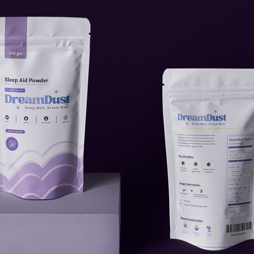 Abstract packaging with the title 'DreamDust - Sleep Aid Powder'