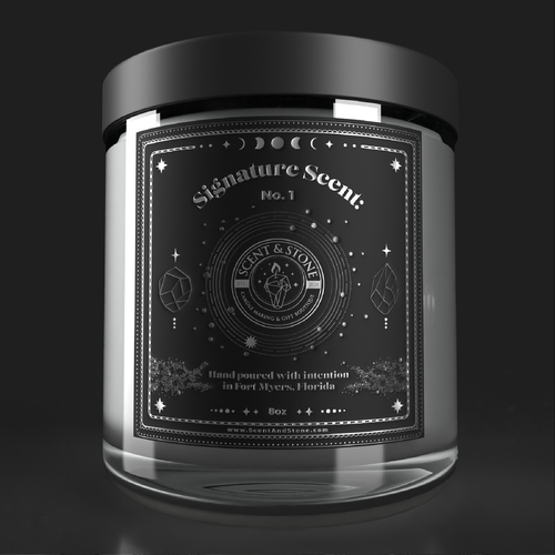 Candle label with the title 'Mystical Candle Label with stars and moons'