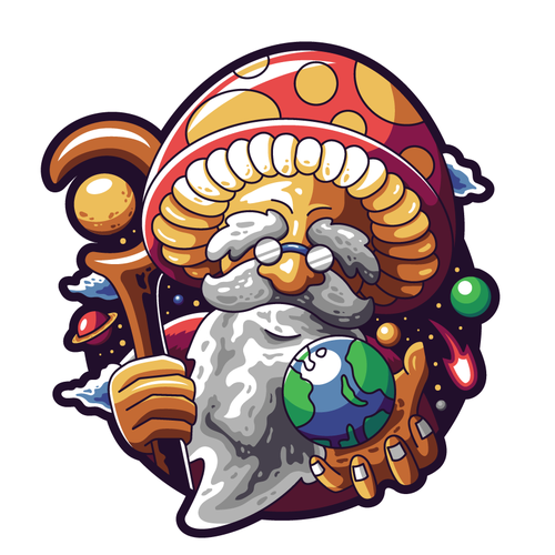 Paper artwork with the title 'The psychedelic Old Mushroom Man '