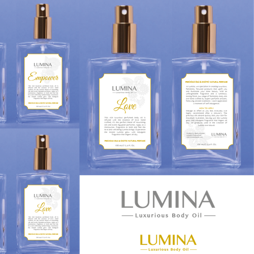 Creative label with the title 'URGENT - Create beauty label for Lumina- body oils & fragrances'