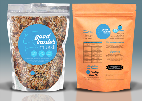 Stand-up pouch packaging with the title 'Muesli Packaging Design'