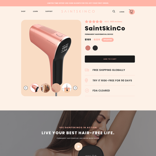 Product website with the title 'Custom product page on Shopify'