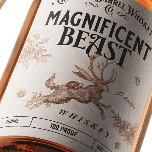 Whiskey label with the title 'Magnificent Beast, Crowded Barrel Whiskey Co'