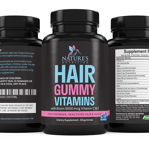 Vitamin label with the title 'Nature's Nutrition needs a Gummy Vitamins black label'