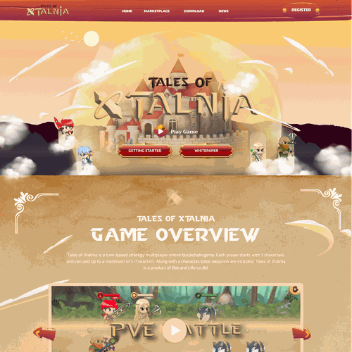 Game website with the title 'Design a home page for a VDO game called "Tales of Xtalnia"'