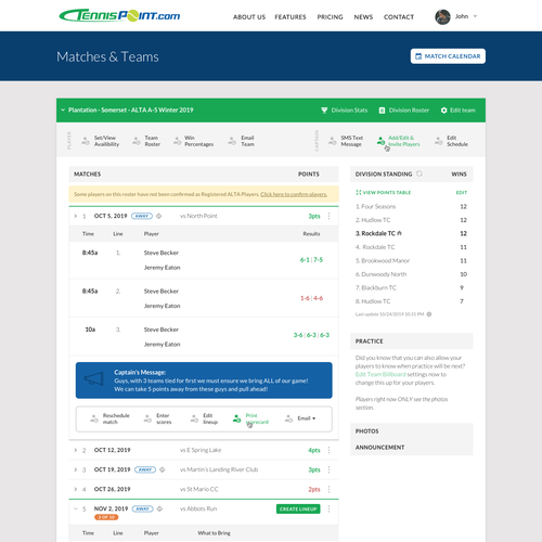 Dashboard design with the title 'Tennis Team Management'